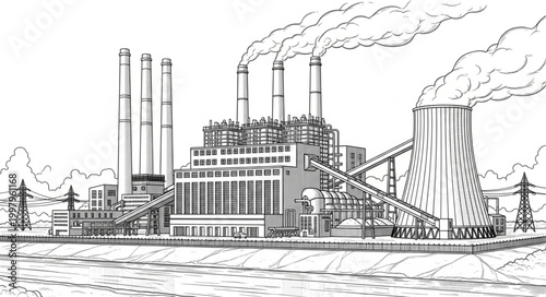 Industrial power plant with cooling towers and smokestacks emitting smoke into the atmosphere