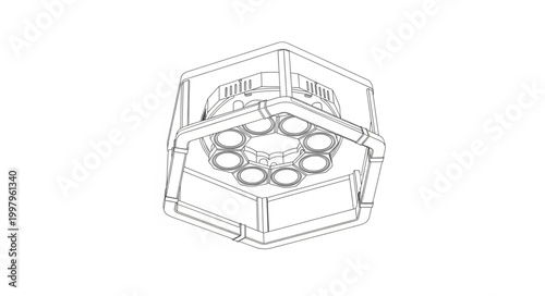 Ceiling mounted lighting fixture with multiple luminous elements arranged in a circular pattern, presented in a wireframe illustration