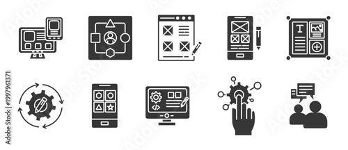 UI / UX  icon glyph icon set collection. Icon pack contain User interface, User experience, Wireframe, Prototype, Layout, Design system, Mobile app, Web design, Usability testing, Interaction