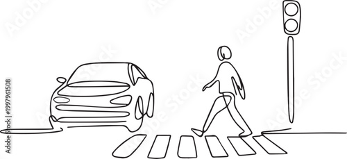 Continuous line drawing of car and pedestrian crossing, road safety awareness