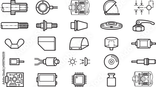 A detailed collection of mechanical components and electronic elements, meticulously arranged and illustrated in a technical, diagrammatic style, suitable for educational or industrial applications.