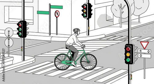 Cyclist riding bicycle across a pedestrian crossing in a city.