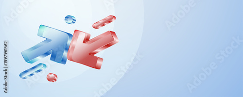 3D glass blue and red arrows pointing towards center