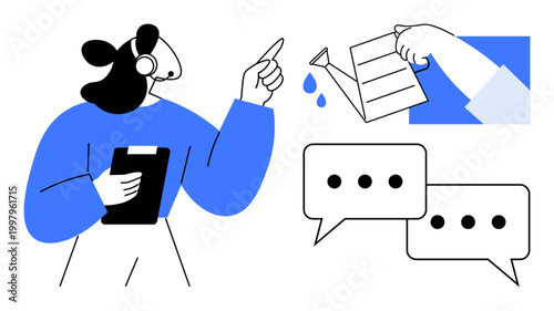 Customer service, teamwork, business communication, growth strategy, self-improvement, productivity. A support agent with a clipboard, watering can and chat bubbles. Customer service and teamwork