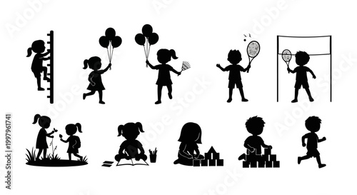 Set of Silhouettes of Children Playing and Engaging in Various Activities