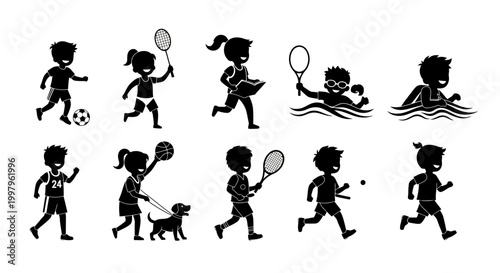 Set of Children Playing Sports Silhouettes