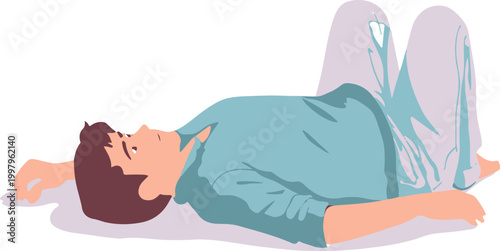 Man lying on back relaxed exhausted sleeping on white background casual.