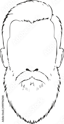 Minimalist line art illustration of faceless man with thick groomed beard and pompadour.