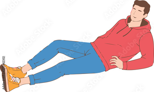 Young man in casual clothes resting on white background, smiling and relaxed.