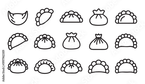 Assorted Dumpling Icons with Simple Outline Style on White Background