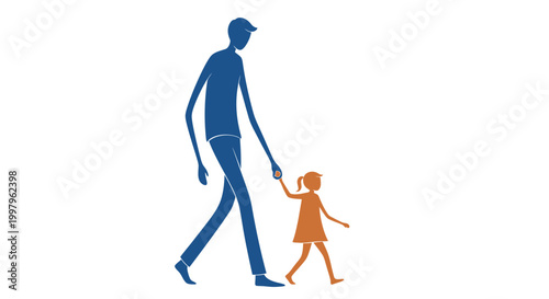 Stylized Silhouette of Father and Daughter Walking Together, Holding Hands Illustration on White Background - Family Bond and Parenting Concept