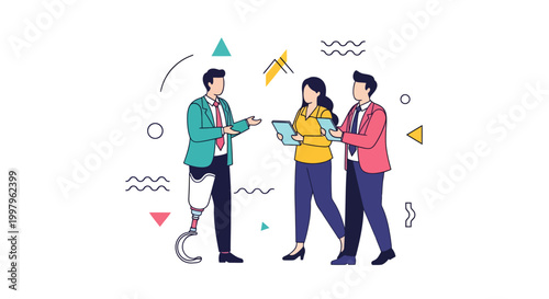 Diverse Business Team with Professional with Prosthetic Leg Collaborating in Modern Office Environment - Inclusive Workplace Illustration