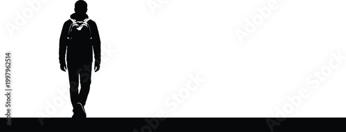 Man Walking on Black Line Isolated on White Background Silhouette