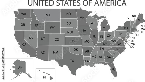 Grayscale vector map of the United States of America featuring state borders and two-letter postal abbreviations isolated on white background