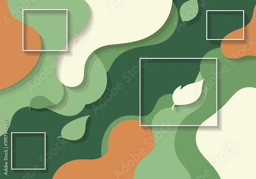 Green Abstract Art with Orange Accents and White Leaf