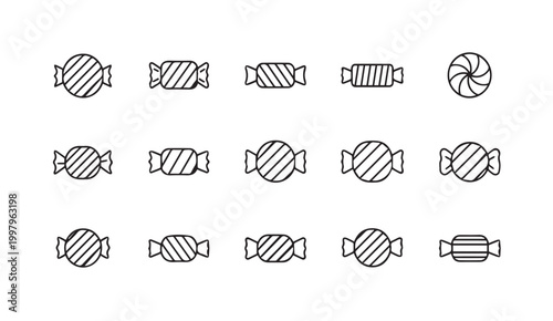 Assorted wrapped candies and a lollipop in a clean line art style for confectionery branding