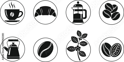 Coffee icons set including cup croissant french press beans and kettle on white background for cafe or restaurant branding