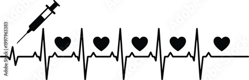  Life-Saving Medical Injection Concept  Syringe with ECG Pulse Heartbeat Line, Hearts, and Flatline Silhouette Vector 2026 
