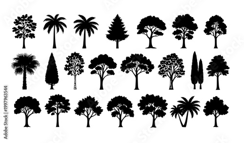 Tree silhouettes vector set with oak pine palm and forest trees isolated on white background