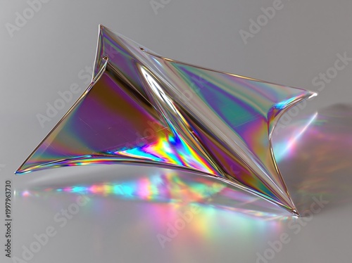 Futuristic iridescent sculpture with dynamic color reflections and smooth metallic surface texture