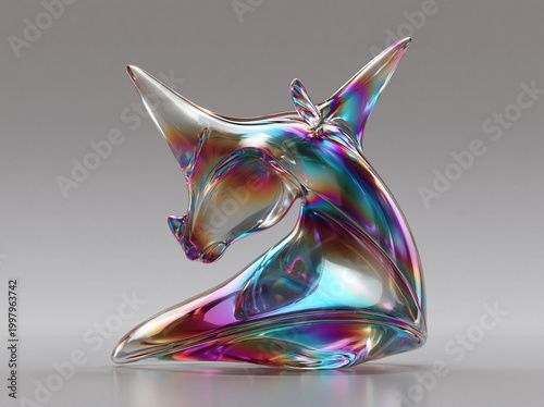Futuristic iridescent sculpture with dynamic color reflections and smooth metallic surface texture