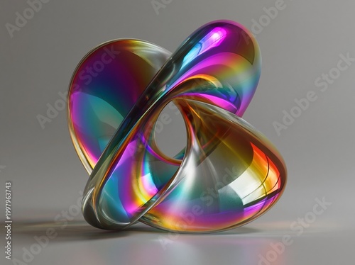 Futuristic iridescent sculpture with dynamic color reflections and smooth metallic surface texture
