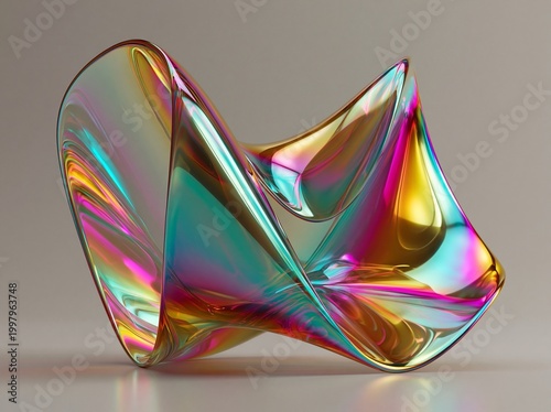 Futuristic iridescent sculpture with dynamic color reflections and smooth metallic surface texture