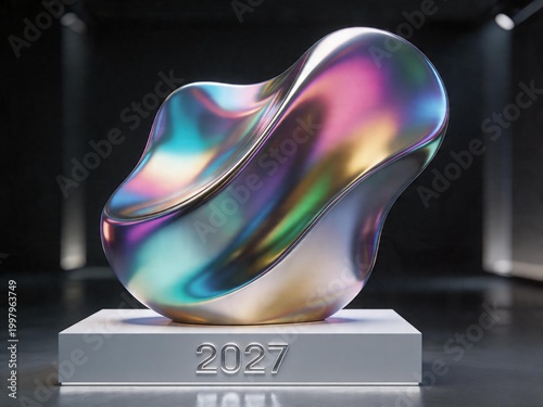 Futuristic iridescent sculpture of 2027 with dynamic color reflections and smooth metallic surface texture