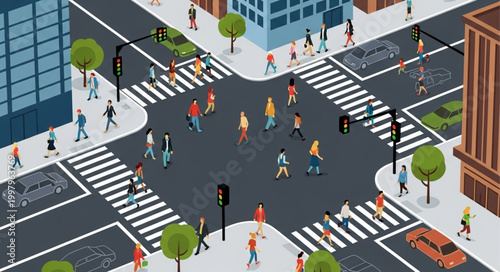 Busy City Intersection with Pedestrians Crossing Streets.