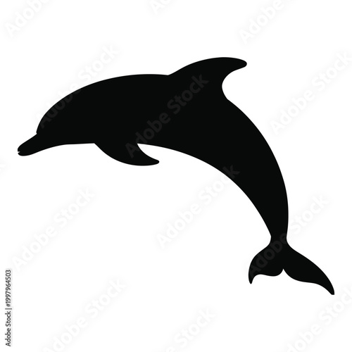 Black silhouette of a dolphin leaping white