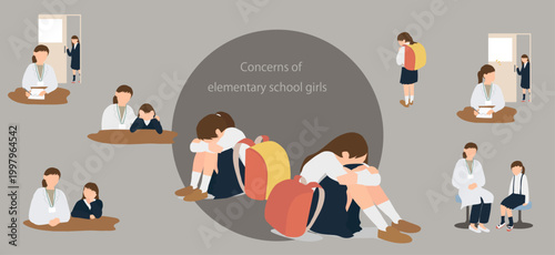 学校に悩む小学生の女の子と見守り・相談のイラスト