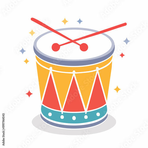 Cartoon Drum with Drumsticks and Sparkles
