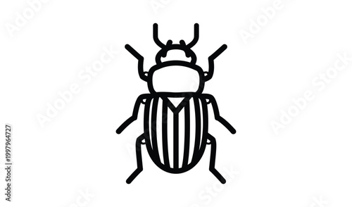 Black and white illustration of a beetle with detailed stripes on its back, standing upright with antennae extended, isolated on a white background.