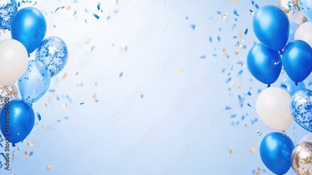 Fototapeta premium Celebration with blue and white balloons and golden confetti against a light blue background