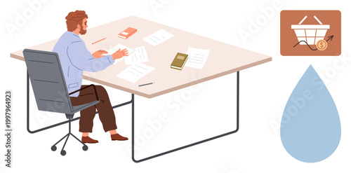 Business, finance, e-commerce, data analysis, workplace productivity, strategic planning. A man sits at a desk with papers, books and a computer. Business and finance concept