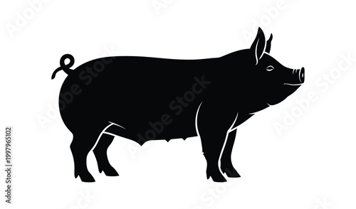 Silhouette Illustration Of A Pig Standing, Isolated On White Background, Animal, Farm, Livestock Concept.