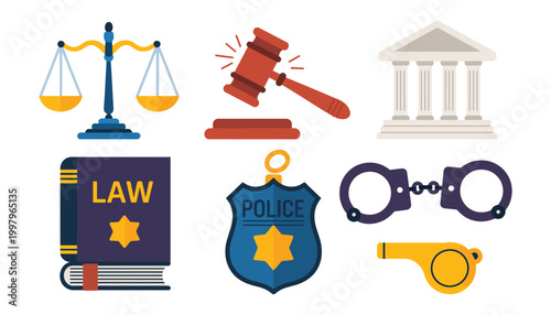 Law and Justice Icons in Vector Style, Scales, Gavel, Courthouse, Police Badge, Handcuffs, and Legal Book Authority Symbols