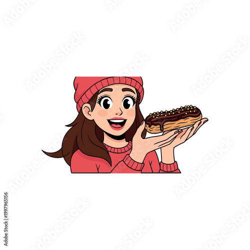 A cartoon woman in a red hat and sweater happily holds up a chocolate eclair.