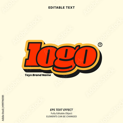 Editable Text Effect Vector of Orange yellow Retro Toys fancy groovy label sticker logo  for Printing, packaging, toys industry, craft, brand name