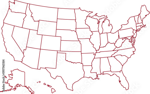 Simple red outline vector map of the United States of America with blank state borders isolated on white background