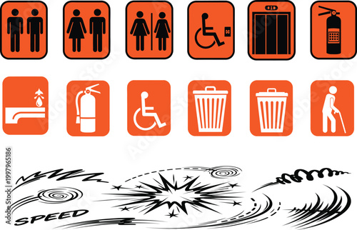 Collection of safety and information signage icons with abstract background