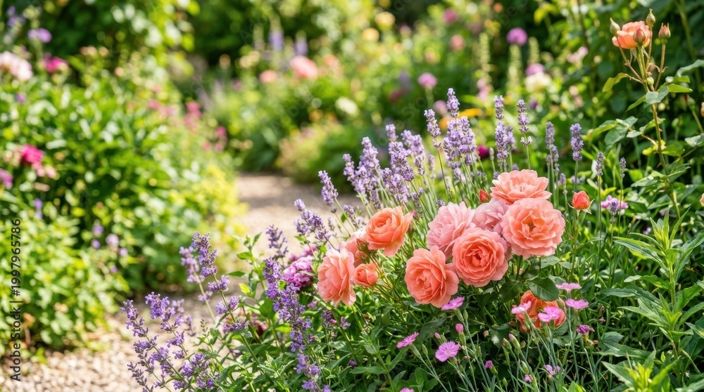 Fototapeta premium Vibrant garden path lined with blooming roses and lavender in soft sunlight