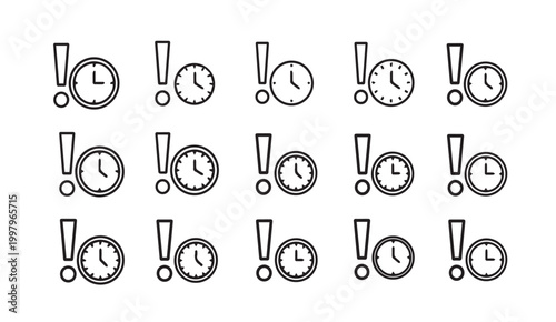 Clock icons with exclamation marks signifying alerts and urgent deadlines against a white background