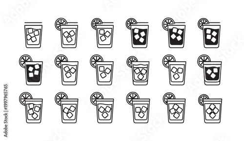 Cocktail drinks with ice and lemon slice arranged in a pattern on white background