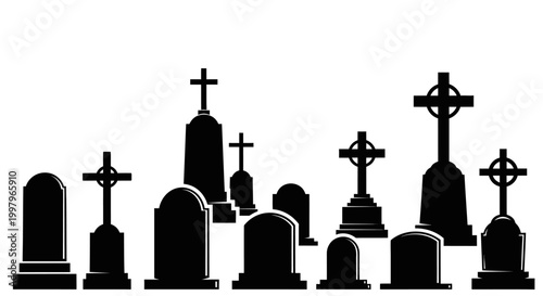 black silhouettes of gravestones and crosses on white background
