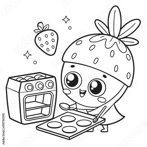 kawaii strawberry character baking cookies with oven and tray black and white line art high quality professional detailed modern elegant stylish clean crisp vibrant colorful digital