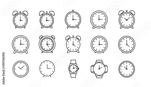 Collection of analog alarm clocks and wristwatches in simple line art style