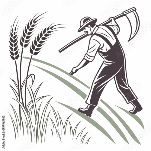 Man cutting wheat with scythe farming agriculture