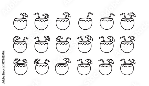 Coconut drinks with umbrellas and straws arranged in a grid pattern on a white background