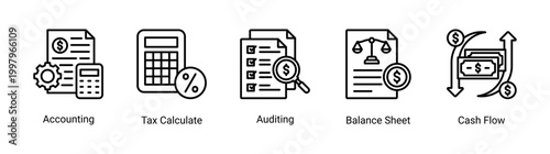 Accounting icon set with tax calculation,auditing,balance sheet,and cash flow icons.Perfect for bookkeeping and corporate finance systems.